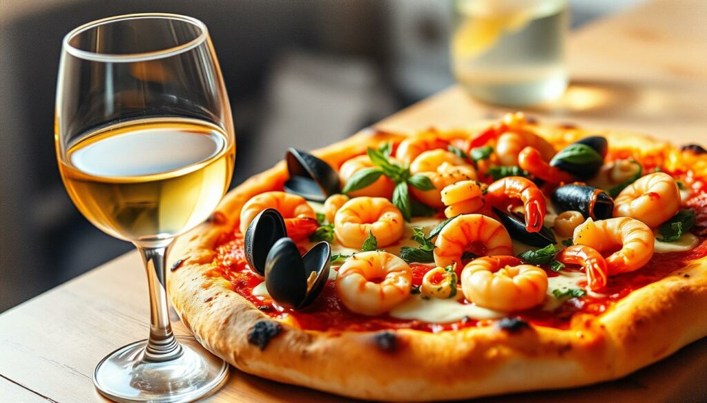 A gourmet pizza topped with a delectable array of fresh seafood, including shrimp, mussels, and squid, adorned with vibrant herbs and drizzled with a rich, creamy white sauce. The crust is perfectly charred, with a crisp golden edge. A glass of chilled, dry white wine sits alongside, its golden hue reflecting the warmth of the evening. The scene is illuminated by soft, diffuse lighting, casting gentle shadows and highlighting the textures and colors of the dish. The composition is balanced, with the pizza and wine occupying the foreground, and a blurred, atmospheric background suggesting a cozy, intimate dining setting. The image conveys a sense of sophisticated, Mediterranean-inspired indulgence. A gourmet pizza topped with a delectable array of fresh seafood, including shrimp, mussels, and squid, adorned with vibrant herbs and drizzled with a rich, creamy white sauce. The crust is perfectly charred, with a crisp golden edge. A glass of chilled, dry white wine sits alongside, its golden hue reflecting the warmth of the evening. The scene is illuminated by soft, diffuse lighting, casting gentle shadows and highlighting the textures and colors of the dish. The composition is balanced, with the pizza and wine occupying the foreground, and a blurred, atmospheric background suggesting a cozy, intimate dining setting. The image conveys a sense of sophisticated, Mediterranean-inspired indulgence.