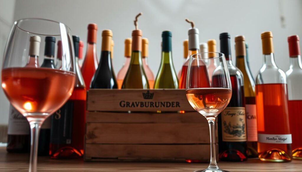A harmonious display of Grauburgunder Rosé, capturing the essence of wine's vibrant diversity. In the foreground, the soft pink hue of the wine glistens in a delicate crystal glass, inviting a closer look. Surrounding it, a arrangement of wine bottles in varying shades of amber, ruby, and amber showcase the spectrum of varietals. The middle ground features a wooden wine crate, its weathered texture hinting at the tradition and craftsmanship behind each bottle. Overhead, a soft, natural light filters through, casting a warm, inviting glow and emphasizing the alluring colors. The overall atmosphere evokes a sense of elegance, refinement, and the appreciation for the art of winemaking.