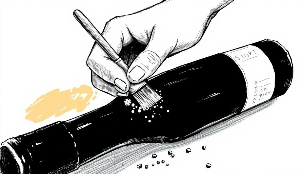 A high-contrast black and white illustration depicting the careful removal of cork crumbs from a wine bottle. The scene shows a delicate hand using a small brush to gently sweep away the errant cork particles, set against a clean, minimalist background with selective color accents - perhaps a warm, golden tone to evoke the character of the wine. The lighting is soft and diffused, creating a sense of focus and attention to detail. The overall mood is one of precision and care, reflecting the section's theme of avoiding cork-related messes when opening wine bottles. A high-contrast black and white illustration depicting the careful removal of cork crumbs from a wine bottle. The scene shows a delicate hand using a small brush to gently sweep away the errant cork particles, set against a clean, minimalist background with selective color accents - perhaps a warm, golden tone to evoke the character of the wine. The lighting is soft and diffused, creating a sense of focus and attention to detail. The overall mood is one of precision and care, reflecting the section's theme of avoiding cork-related messes when opening wine bottles.