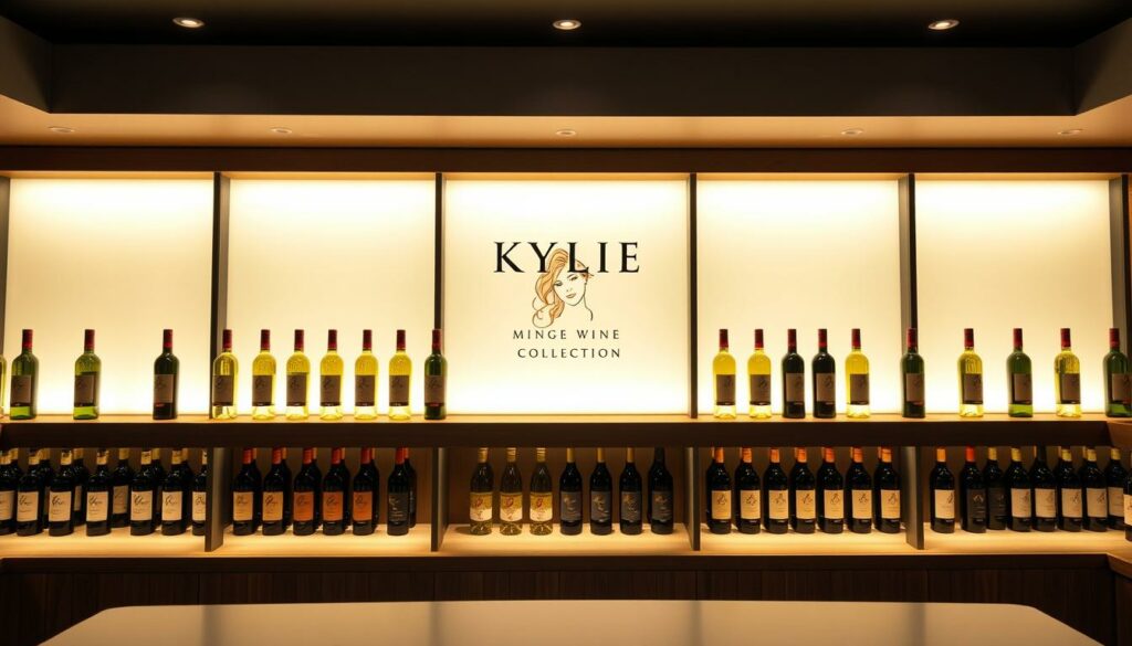 A high-end wine tasting room with a backlit display showcasing the Kylie Minogue wine collection. The bottles are arranged elegantly on wooden shelves, their labels prominently featuring Kylie's signature. Soft, warm lighting casts a sophisticated glow, highlighting the premium quality of the wines. The room has a sleek, modern design with minimalist decor, allowing the wines to take center stage. Kylie's image is subtly incorporated, perhaps through a discreet portrait or a stylized logo, conveying her personal touch and involvement. The overall atmosphere exudes a sense of luxury, exclusivity, and Kylie's unique personal style. A high-end wine tasting room with a backlit display showcasing the Kylie Minogue wine collection. The bottles are arranged elegantly on wooden shelves, their labels prominently featuring Kylie's signature. Soft, warm lighting casts a sophisticated glow, highlighting the premium quality of the wines. The room has a sleek, modern design with minimalist decor, allowing the wines to take center stage. Kylie's image is subtly incorporated, perhaps through a discreet portrait or a stylized logo, conveying her personal touch and involvement. The overall atmosphere exudes a sense of luxury, exclusivity, and Kylie's unique personal style.