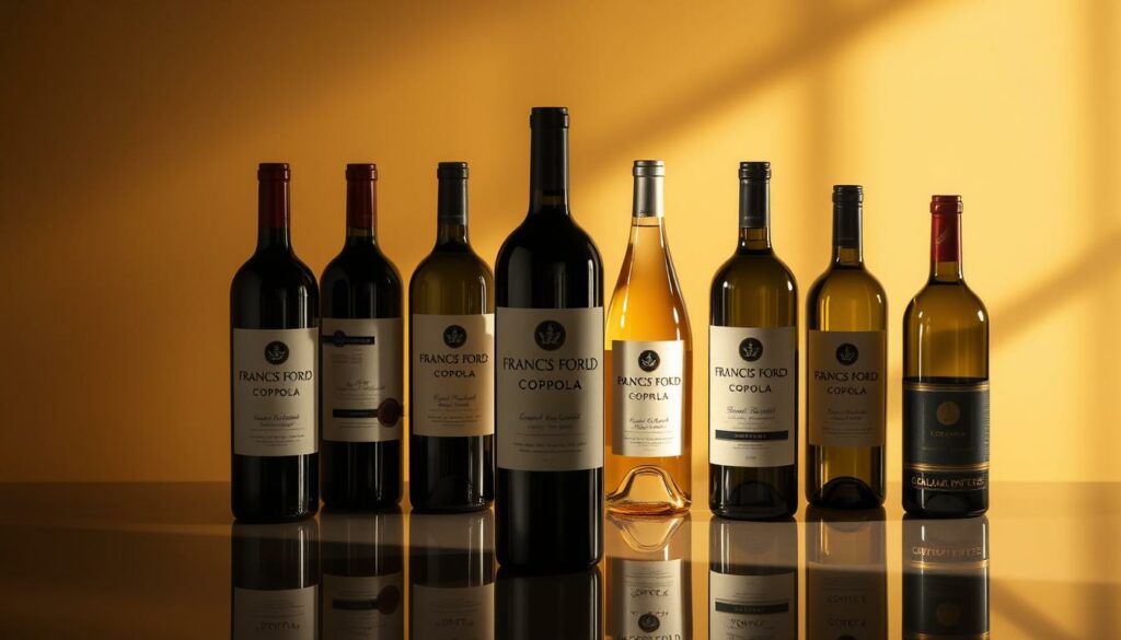 A high-quality, expertly crafted still life composition featuring an artful arrangement of exclusive Francis Ford Coppola wine bottles. The bottles have a distinct, director's cut aesthetic with elegant, minimalist labeling and premium materials like glass, wood, and metal. Placed on a sleek, reflective surface, the bottles are illuminated by warm, directional lighting that casts dramatic shadows, highlighting their sculptural forms. The overall mood is sophisticated, cinematic, and evocative of Coppola's celebrated filmmaking. The background is a simple, neutral backdrop that allows the wine bottles to be the focal point, showcasing their premium quality and the director's meticulous attention to detail. A high-quality, expertly crafted still life composition featuring an artful arrangement of exclusive Francis Ford Coppola wine bottles. The bottles have a distinct, director's cut aesthetic with elegant, minimalist labeling and premium materials like glass, wood, and metal. Placed on a sleek, reflective surface, the bottles are illuminated by warm, directional lighting that casts dramatic shadows, highlighting their sculptural forms. The overall mood is sophisticated, cinematic, and evocative of Coppola's celebrated filmmaking. The background is a simple, neutral backdrop that allows the wine bottles to be the focal point, showcasing their premium quality and the director's meticulous attention to detail.