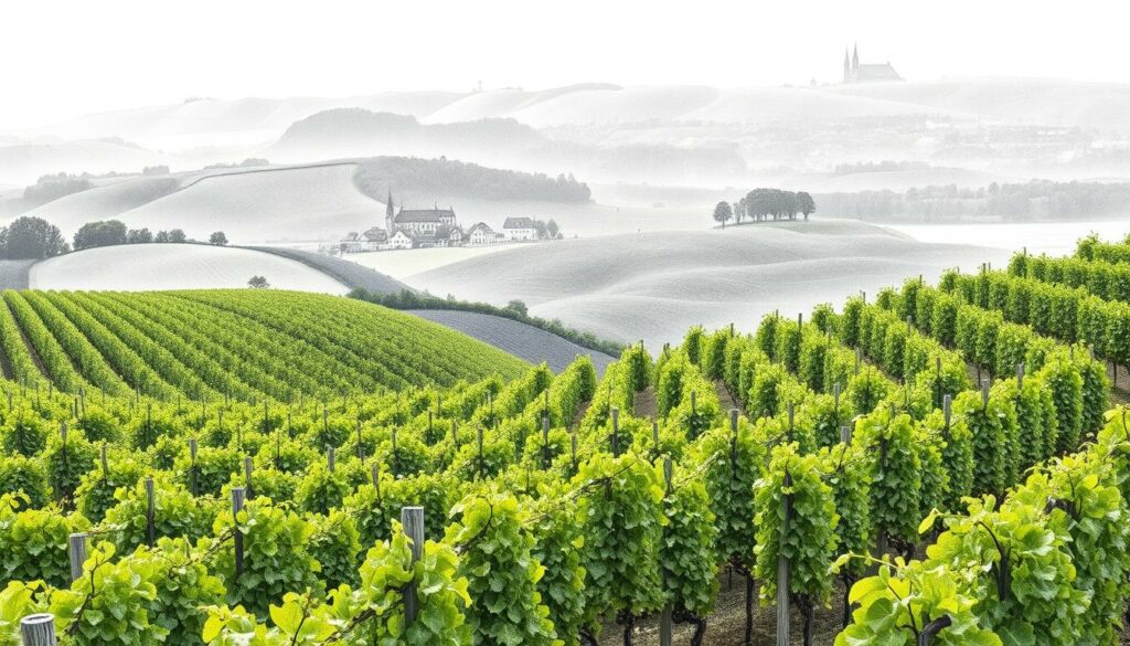 A lush, rolling landscape of Germany's renowned wine regions, where the Spätburgunder (Pinot Noir) grape thrives. In the foreground, a vibrant mosaic of vineyards, their vines neatly trellised and the leaves a delicate green. The middle ground reveals rolling hills, their contours softly defined in shades of gray, punctuated by the occasional splash of color from a quaint village or historic winery. The background fades into a hazy, atmospheric horizon, hinting at the diverse terroirs that imbue the Spätburgunder with its renowned elegance and complexity. The scene is rendered in a moody, pencil-sketch style, with subtle pops of color highlighting the essence of this iconic German wine. A lush, rolling landscape of Germany's renowned wine regions, where the Spätburgunder (Pinot Noir) grape thrives. In the foreground, a vibrant mosaic of vineyards, their vines neatly trellised and the leaves a delicate green. The middle ground reveals rolling hills, their contours softly defined in shades of gray, punctuated by the occasional splash of color from a quaint village or historic winery. The background fades into a hazy, atmospheric horizon, hinting at the diverse terroirs that imbue the Spätburgunder with its renowned elegance and complexity. The scene is rendered in a moody, pencil-sketch style, with subtle pops of color highlighting the essence of this iconic German wine.