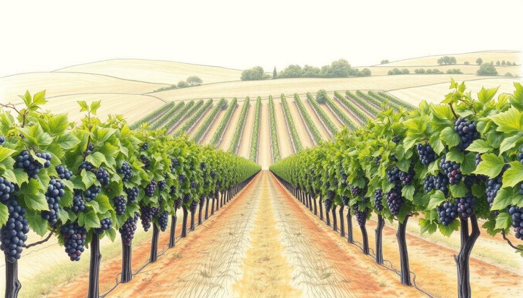 A lush, rolling landscape with parallel rows of grapevines spanning the foreground. The vines in the left half appear thick and full, with deep green leaves and ripe, deep purple grapes, representing the Primitivo vineyards of Apulia, Italy. Contrasting this, the vines on the right side are more sparse and wispy, with lighter green foliage and smaller, red-tinged grapes, reflecting the Zinfandel vineyards of California. The transition between the two halves is seamless, with the central portion fading from one style to the other. The scene is bathed in warm, golden light, creating a sense of depth and atmosphere. Subtle color accents, such as a splash of ochre on the soil or a touch of crimson on the grapes, add visual interest to the predominantly monochromatic pencil sketch.