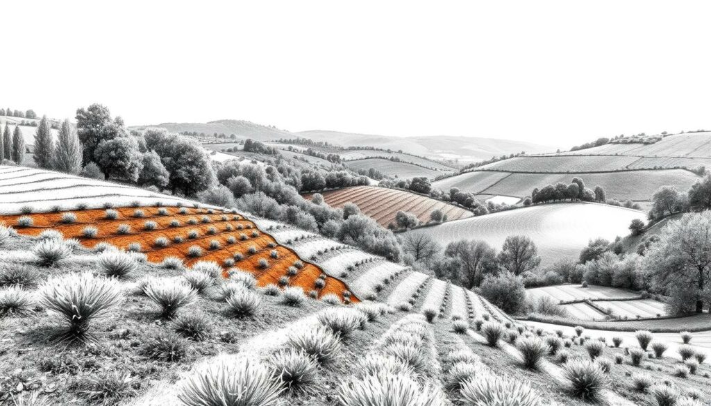 A lush, verdant landscape of the Pfalz region, showcasing the diverse terroir and unique microclimates that shape the character of its renowned wines. In the foreground, a detailed illustration of the region's varied soil compositions, from the deep, reddish-brown hues of the iron-rich loess to the chalky, limestone-based soils that impart their distinctive minerality. In the middle ground, a series of gently rolling hills, each with its own distinct Lage, or vineyard site, meticulously delineated in a stylized, topographic manner. The background features a softly rendered, sun-dappled sky, hinting at the warm, Mediterranean-influenced climate that imbues the Pfalz wines with their signature ripeness and intensity. The entire scene is rendered in a striking black-and-white palette, with carefully placed splashes of color highlighting the nuances of the soil, the contours of the land, and the ever-changing play of light and shadow. A lush, verdant landscape of the Pfalz region, showcasing the diverse terroir and unique microclimates that shape the character of its renowned wines. In the foreground, a detailed illustration of the region's varied soil compositions, from the deep, reddish-brown hues of the iron-rich loess to the chalky, limestone-based soils that impart their distinctive minerality. In the middle ground, a series of gently rolling hills, each with its own distinct Lage, or vineyard site, meticulously delineated in a stylized, topographic manner. The background features a softly rendered, sun-dappled sky, hinting at the warm, Mediterranean-influenced climate that imbues the Pfalz wines with their signature ripeness and intensity. The entire scene is rendered in a striking black-and-white palette, with carefully placed splashes of color highlighting the nuances of the soil, the contours of the land, and the ever-changing play of light and shadow.