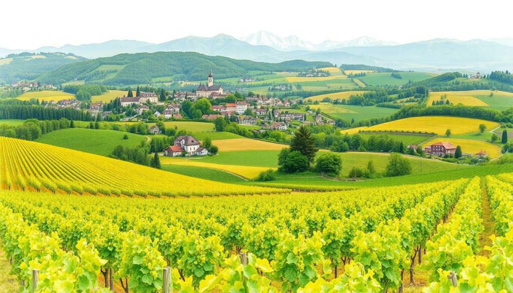 A lush, verdant landscape unfolds, showcasing the diverse Grauburgunder anbaugebiete (Grauburgunder growing regions) across a series of rolling hills. In the foreground, a patchwork of vineyards in varying shades of green and gold, their vines gently swaying in the breeze. The middle ground reveals clusters of charming, historic villages, their red-tiled roofs and church spires punctuating the scene. In the distance, majestic mountains rise, their peaks capped with a dusting of snow, creating a striking contrast against the warm, earthy tones. The image is rendered in a muted, pencil-sketch style, with selective pops of color highlighting the vibrant hues of the grapes and the rich, burgundy tones of the wine itself. A lush, verdant landscape unfolds, showcasing the diverse Grauburgunder anbaugebiete (Grauburgunder growing regions) across a series of rolling hills. In the foreground, a patchwork of vineyards in varying shades of green and gold, their vines gently swaying in the breeze. The middle ground reveals clusters of charming, historic villages, their red-tiled roofs and church spires punctuating the scene. In the distance, majestic mountains rise, their peaks capped with a dusting of snow, creating a striking contrast against the warm, earthy tones. The image is rendered in a muted, pencil-sketch style, with selective pops of color highlighting the vibrant hues of the grapes and the rich, burgundy tones of the wine itself.