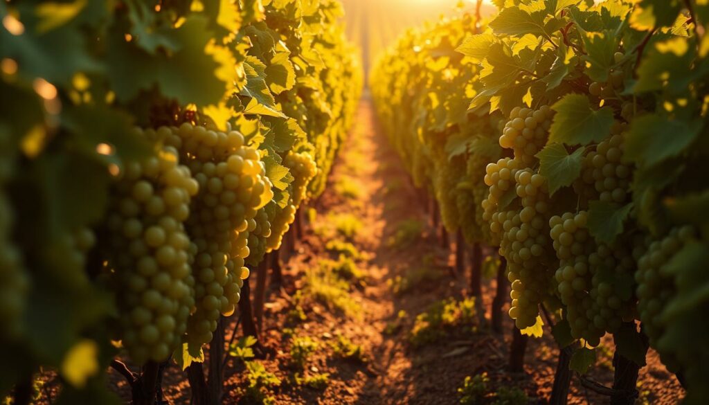 A lush, verdant vineyard in the golden hour, with rows of gently swaying Pinot Grigio grape clusters casting long shadows across the sun-dappled soil. The bunches are plump and glistening, their pale green hues complemented by the rich, earthy tones of the surrounding foliage. A slight breeze rustles the leaves, creating a calming, bucolic atmosphere. The scene is captured through a warm, softly focused lens, emphasizing the tactile quality of the grapes and the serene, contemplative mood of the setting. This tranquil, idyllic tableau evokes the origins of the Barrymore Pinot Grigio, a premium vintage crafted with care and attention to detail.