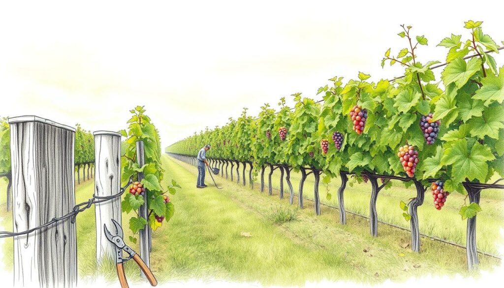 A lush, verdant vineyard stretches across the frame, its rows of trellised PIWI grape vines standing tall against a hazy, atmospheric backdrop. The foreground is dotted with intricate details - a weathered, wooden post, a pair of pruning shears, and a handful of vibrant, multicolored grapes. The middle ground reveals the challenges of PIWI viticulture, with a lone worker carefully tending to the vines, their focus intense. The background is softly blurred, evoking a sense of contemplation and the complexities of sustainable winemaking. The overall aesthetic is a muted, pencil-sketch style, with hints of color peeking through to accentuate the scene's key elements.