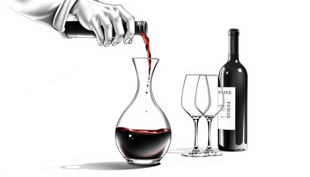 A meticulously crafted illustration of the proper wine decantation technique. Depicted in a monochrome palette with subtle color accents, the scene showcases a hand gracefully pouring wine from a bottle into a decanter, the liquid cascading in a smooth, controlled arc. The decanter's elegant silhouette takes center stage, surrounded by a minimalist arrangement of glassware and a wine bottle in the background. Soft, directional lighting casts dramatic shadows, emphasizing the textures and forms. The overall mood is one of refinement, precision, and the artistry inherent in the act of wine service. A meticulously crafted illustration of the proper wine decantation technique. Depicted in a monochrome palette with subtle color accents, the scene showcases a hand gracefully pouring wine from a bottle into a decanter, the liquid cascading in a smooth, controlled arc. The decanter's elegant silhouette takes center stage, surrounded by a minimalist arrangement of glassware and a wine bottle in the background. Soft, directional lighting casts dramatic shadows, emphasizing the textures and forms. The overall mood is one of refinement, precision, and the artistry inherent in the act of wine service.