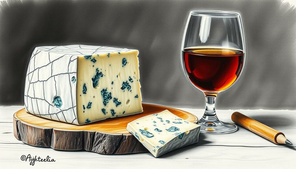 A moody still life arrangement showcasing a wedge of intensely veined blue cheese and a glass of rich, amber-hued sweet wine. The cheese sits atop a rustic wooden board, its creamy, crumbly texture contrasting sharply with the dark, stormy hues of the background. The wine glass catches the light, casting a warm glow and reflecting the deep, complex flavors of the fortified libation. Pencil sketched details accentuate the textures and shadows, while pops of color in the cheese's blue-green mold and the wine's golden hue provide striking visual punctuation. The overall scene evokes a sense of indulgence, balance, and the harmonious pairing of bold, contrasting flavors.