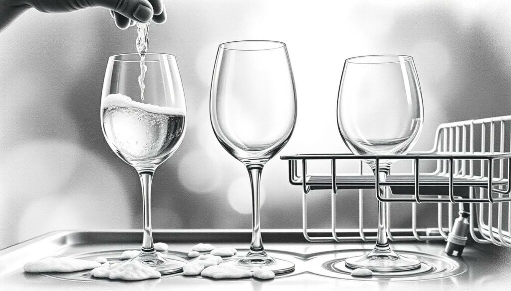 A pair of crystal wine glasses, one being meticulously hand-washed and the other gently placed in a dishwasher rack. Delicate streams of water and suds cascade over the glasses, leaving behind a shimmering, spotless finish. The lighting is soft and diffused, casting subtle shadows that accentuate the curvatures and reflective surfaces. In the background, a hazy, black-and-white environment with hints of muted color, creating a timeless, sophisticated atmosphere. The focus is on the contrasting cleaning methods, emphasizing the importance of proper glassware maintenance for a polished, flawless presentation. A pair of crystal wine glasses, one being meticulously hand-washed and the other gently placed in a dishwasher rack. Delicate streams of water and suds cascade over the glasses, leaving behind a shimmering, spotless finish. The lighting is soft and diffused, casting subtle shadows that accentuate the curvatures and reflective surfaces. In the background, a hazy, black-and-white environment with hints of muted color, creating a timeless, sophisticated atmosphere. The focus is on the contrasting cleaning methods, emphasizing the importance of proper glassware maintenance for a polished, flawless presentation.