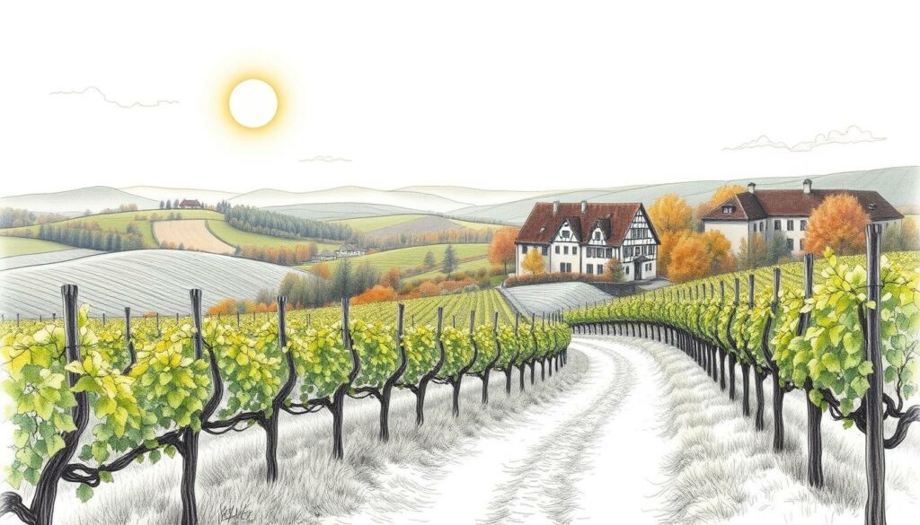 A picturesque Alsatian vineyard during the wine harvest season. A sweeping vista of rolling hills, verdant grapevines, and charming half-timbered farmhouses in the distance. The autumn sun casts a warm, golden glow, with pops of vibrant color from the changing foliage. In the foreground, a winding dirt path leads through the vines, inviting the viewer to explore the serene, pastoral landscape. Wispy clouds drift overhead, completing the tranquil, idyllic scene. The image is rendered in a muted, pencil-sketch style, with subtle splashes of color highlighting the harvest's bounty. A picturesque Alsatian vineyard during the wine harvest season. A sweeping vista of rolling hills, verdant grapevines, and charming half-timbered farmhouses in the distance. The autumn sun casts a warm, golden glow, with pops of vibrant color from the changing foliage. In the foreground, a winding dirt path leads through the vines, inviting the viewer to explore the serene, pastoral landscape. Wispy clouds drift overhead, completing the tranquil, idyllic scene. The image is rendered in a muted, pencil-sketch style, with subtle splashes of color highlighting the harvest's bounty.