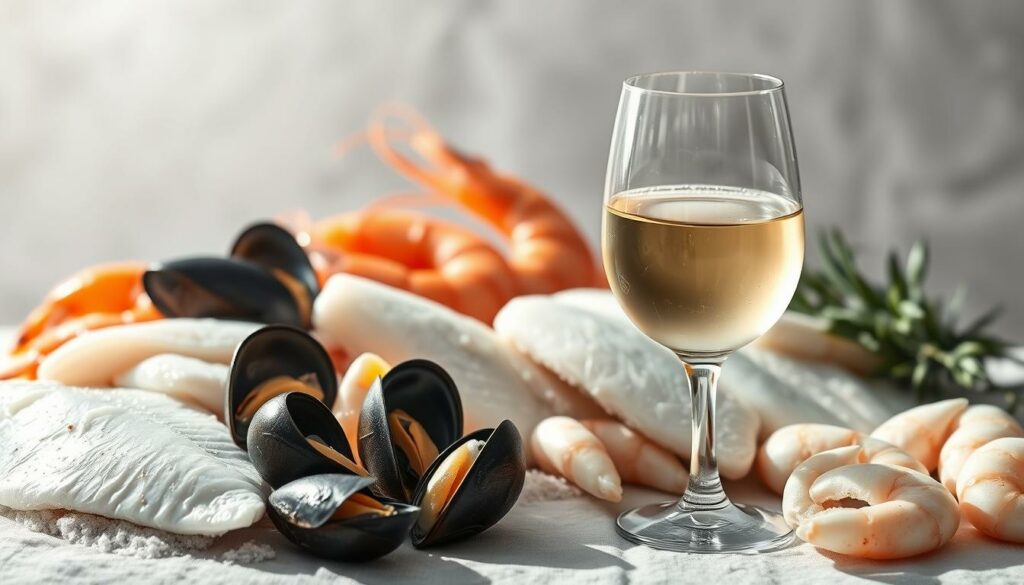 A pristine display of fresh seafood glistens against a soft, blurred backdrop. Delicate white fish fillets, plump mussels, and succulent shrimp are arranged artfully, inviting the viewer to imagine their taste. A crystal glass of crisp, light-bodied white wine stands ready, its pale golden hue reflecting the mood of the scene. Gentle highlights from an overhead source bathe the composition in a warm, natural glow, casting subtle shadows that add depth and dimension. The overall impression is one of simplicity, elegance, and the perfect pairing of the sea's bounty with a refreshing, complementary libation. A pristine display of fresh seafood glistens against a soft, blurred backdrop. Delicate white fish fillets, plump mussels, and succulent shrimp are arranged artfully, inviting the viewer to imagine their taste. A crystal glass of crisp, light-bodied white wine stands ready, its pale golden hue reflecting the mood of the scene. Gentle highlights from an overhead source bathe the composition in a warm, natural glow, casting subtle shadows that add depth and dimension. The overall impression is one of simplicity, elegance, and the perfect pairing of the sea's bounty with a refreshing, complementary libation.