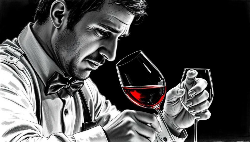 A professional sommelier conducting a meticulous wine tasting, delicately swirling the glass and deeply inhaling the complex bouquet. The scene is captured in a moody, chiaroscuro-inspired black and white illustration, with subtle splashes of color highlighting the wine's vibrant hues and the taster's discerning gaze. The composition emphasizes the focus and concentration required to evaluate a wine's aroma and flavor profile, creating an atmospheric and evocative depiction of the art of professional wine tasting. A professional sommelier conducting a meticulous wine tasting, delicately swirling the glass and deeply inhaling the complex bouquet. The scene is captured in a moody, chiaroscuro-inspired black and white illustration, with subtle splashes of color highlighting the wine's vibrant hues and the taster's discerning gaze. The composition emphasizes the focus and concentration required to evaluate a wine's aroma and flavor profile, creating an atmospheric and evocative depiction of the art of professional wine tasting.