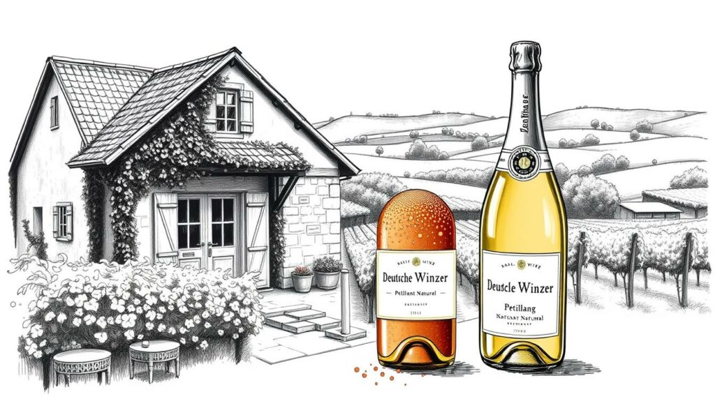 A quaint German winery, its exterior adorned with ivy and weathered stone, stands against a backdrop of rolling vineyards. The scene is captured in a monochromatic palette, save for the vibrant hues of a freshly uncorked bottle of "Deutsche Winzer Pétillant Naturel" – a sparkling natural wine that captures the essence of the region. The gentle curves of the bottle and the effervescent bubbles within suggest a playful, artisanal character, while the somber tones evoke a sense of tradition and craftsmanship. The image invites the viewer to explore the unique terroir and winemaking practices that define this burgeoning natural wine trend in Germany. A quaint German winery, its exterior adorned with ivy and weathered stone, stands against a backdrop of rolling vineyards. The scene is captured in a monochromatic palette, save for the vibrant hues of a freshly uncorked bottle of "Deutsche Winzer Pétillant Naturel" – a sparkling natural wine that captures the essence of the region. The gentle curves of the bottle and the effervescent bubbles within suggest a playful, artisanal character, while the somber tones evoke a sense of tradition and craftsmanship. The image invites the viewer to explore the unique terroir and winemaking practices that define this burgeoning natural wine trend in Germany.
