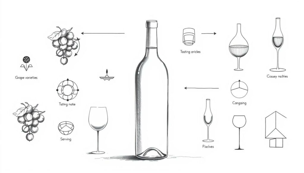 A refined, minimalist illustration showcasing the core concepts of wine for beginners. A central wine bottle stands in focus, its simple elegant form rendered in detailed graphite shading. Surrounding it, abstract geometric shapes and patterns symbolize the key wine fundamentals - grape varieties, tasting notes, serving temperatures, and more - all visualized in a clean, monochromatic palette with subtle pops of color to draw the eye. The overall composition has a thoughtful, educational feel, guiding the viewer through the essential "wine basics" in a visually striking, accessible manner.