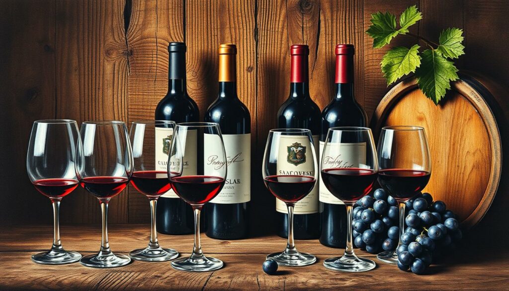 A rustic still life depicting the diverse flavor profiles of Sangiovese wines. In the foreground, an array of wine glasses, each containing a nuanced shade of ruby red. The middle ground features an assortment of wine bottles, their labels hinting at the complex flavors within - from bright cherry and ripe plum to earthy leather and subtle oak. In the background, a textured wooden surface evokes the warmth and tradition of Tuscan winemaking. The scene is rendered in a moody, chiaroscuro style, with dramatic contrasts of light and shadow, and punctuated by muted pops of color - the deep crimson of the wine, the golden hue of an oak barrel, the verdant green of a grape leaf. An atmospheric, artisanal depiction of the multifaceted nature of this iconic Italian varietal. A rustic still life depicting the diverse flavor profiles of Sangiovese wines. In the foreground, an array of wine glasses, each containing a nuanced shade of ruby red. The middle ground features an assortment of wine bottles, their labels hinting at the complex flavors within - from bright cherry and ripe plum to earthy leather and subtle oak. In the background, a textured wooden surface evokes the warmth and tradition of Tuscan winemaking. The scene is rendered in a moody, chiaroscuro style, with dramatic contrasts of light and shadow, and punctuated by muted pops of color - the deep crimson of the wine, the golden hue of an oak barrel, the verdant green of a grape leaf. An atmospheric, artisanal depiction of the multifaceted nature of this iconic Italian varietal.