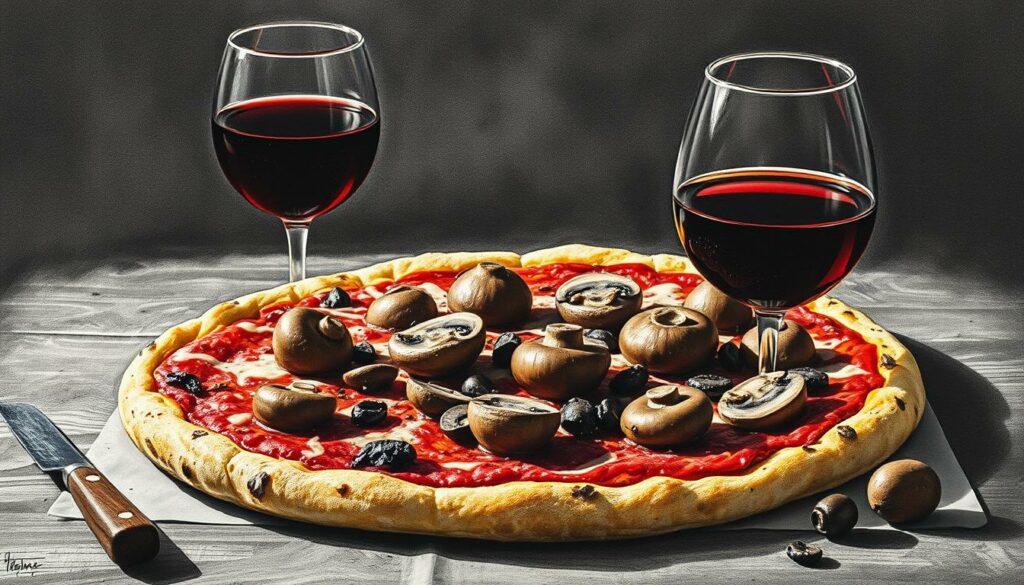A rustic still life showcasing a mouthwatering pizza topped with sautéed mushrooms, nestled alongside a glass of rich, ruby-hued red wine. Captured in a chiaroscuro style, the scene is bathed in dramatic, high-contrast lighting that casts dramatic shadows, emphasizing the textures and contours of the pizza crust, the glistening fungi, and the weighty, elegant wine glass. The composition is balanced and harmonious, with the pizza taking center stage and the wine playing a supporting role, creating a visually captivating and appetizing tableau that evokes the earthy, umami-forward flavors of this classic pizza-and-wine pairing. Rendered in a muted, monochromatic palette with pops of earthy tones and deep crimson accents, the image conveys a sense of rustic sophistication and culinary artistry. A rustic still life showcasing a mouthwatering pizza topped with sautéed mushrooms, nestled alongside a glass of rich, ruby-hued red wine. Captured in a chiaroscuro style, the scene is bathed in dramatic, high-contrast lighting that casts dramatic shadows, emphasizing the textures and contours of the pizza crust, the glistening fungi, and the weighty, elegant wine glass. The composition is balanced and harmonious, with the pizza taking center stage and the wine playing a supporting role, creating a visually captivating and appetizing tableau that evokes the earthy, umami-forward flavors of this classic pizza-and-wine pairing. Rendered in a muted, monochromatic palette with pops of earthy tones and deep crimson accents, the image conveys a sense of rustic sophistication and culinary artistry.