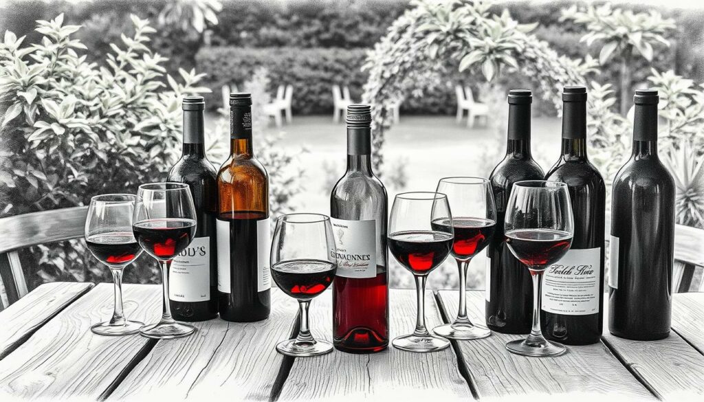 A rustic wooden table, adorned with an array of chilled red wine bottles and glasses, sits atop a checkered tablecloth. The bottles are sweating with condensation, hinting at their refreshing coolness. In the background, a verdant garden scene with lush foliage and a hint of sunlight filters through, creating a serene and inviting atmosphere. The scene is rendered in a striking black-and-white palette, with the wine bottles and glasses providing the only pops of color - a deep, rich red that captivates the eye. The overall composition evokes a sense of relaxation and the perfect summer evening spent enjoying the company of friends and the pleasures of chilled, flavorful reds. A rustic wooden table, adorned with an array of chilled red wine bottles and glasses, sits atop a checkered tablecloth. The bottles are sweating with condensation, hinting at their refreshing coolness. In the background, a verdant garden scene with lush foliage and a hint of sunlight filters through, creating a serene and inviting atmosphere. The scene is rendered in a striking black-and-white palette, with the wine bottles and glasses providing the only pops of color - a deep, rich red that captivates the eye. The overall composition evokes a sense of relaxation and the perfect summer evening spent enjoying the company of friends and the pleasures of chilled, flavorful reds.