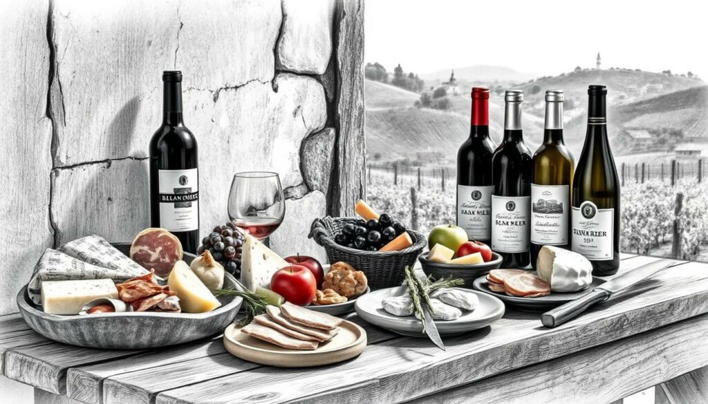 A rustic wooden table against a weathered wall, a sumptuous spread of regional delicacies - cured meats, artisanal cheeses, fresh produce, and a selection of fine wines. The scene is bathed in soft, natural light, highlighting the textures and colors of the ingredients. In the background, a hint of rolling vineyards and a quaint village, all rendered in a striking black and white palette with subtle pops of color accentuating the hero elements. This harmonious pairing of local cuisine and exceptional regional wines captures the essence of the "Regionale Pairings: Von Franken bis Burgund" section. A rustic wooden table against a weathered wall, a sumptuous spread of regional delicacies - cured meats, artisanal cheeses, fresh produce, and a selection of fine wines. The scene is bathed in soft, natural light, highlighting the textures and colors of the ingredients. In the background, a hint of rolling vineyards and a quaint village, all rendered in a striking black and white palette with subtle pops of color accentuating the hero elements. This harmonious pairing of local cuisine and exceptional regional wines captures the essence of the "Regionale Pairings: Von Franken bis Burgund" section.