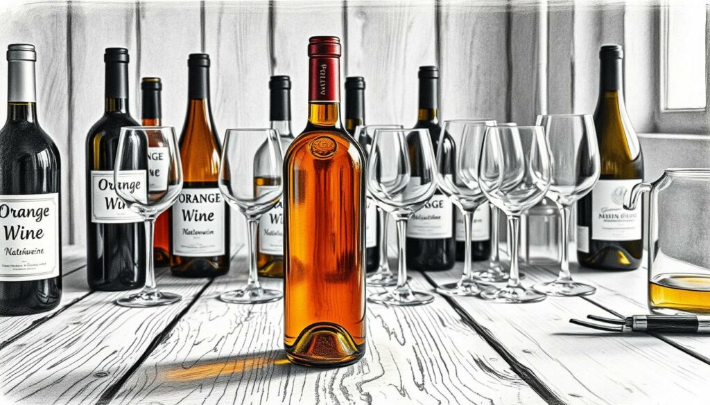 A rustic wooden table displays an array of wine bottles and glassware. In the foreground, a deep amber-hued "Orange Wine" stands alongside a pale, earthy "Naturwein." The scene is illuminated by soft, natural lighting, casting subtle shadows and highlights across the surfaces. The overall mood is one of simplicity and quiet contemplation, inviting the viewer to explore the nuanced differences between these two distinctive wine styles. The image is rendered in a muted, pencil-sketch aesthetic with selective pops of color, emphasizing the textures and materiality of the scene. A rustic wooden table displays an array of wine bottles and glassware. In the foreground, a deep amber-hued "Orange Wine" stands alongside a pale, earthy "Naturwein." The scene is illuminated by soft, natural lighting, casting subtle shadows and highlights across the surfaces. The overall mood is one of simplicity and quiet contemplation, inviting the viewer to explore the nuanced differences between these two distinctive wine styles. The image is rendered in a muted, pencil-sketch aesthetic with selective pops of color, emphasizing the textures and materiality of the scene.