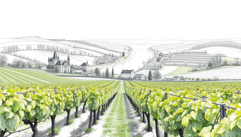 A serene landscape unfolds along the banks of the Elbe River, where the historic vineyards of Sachsen Weinregion Elbe stand tall. Lush, undulating hills are dotted with rows of grapevines, their leaves and tendrils casting delicate shadows in the soft, diffused light. Stately chateaus and quaint villages dot the scene, their timeless architecture a testament to the region's rich winemaking heritage. In the middle ground, a meandering path leads the eye towards the distant horizon, where the river glimmers like a ribbon of silver. The image is rendered in a muted, pencil-sketch style, with strategic pops of color highlighting the vibrant greens of the foliage and the earthy tones of the buildings. This evocative scene captures the essence of Sachsen: a region where the timeless traditions of winemaking are woven into the very fabric of the land. A serene landscape unfolds along the banks of the Elbe River, where the historic vineyards of Sachsen Weinregion Elbe stand tall. Lush, undulating hills are dotted with rows of grapevines, their leaves and tendrils casting delicate shadows in the soft, diffused light. Stately chateaus and quaint villages dot the scene, their timeless architecture a testament to the region's rich winemaking heritage. In the middle ground, a meandering path leads the eye towards the distant horizon, where the river glimmers like a ribbon of silver. The image is rendered in a muted, pencil-sketch style, with strategic pops of color highlighting the vibrant greens of the foliage and the earthy tones of the buildings. This evocative scene captures the essence of Sachsen: a region where the timeless traditions of winemaking are woven into the very fabric of the land.