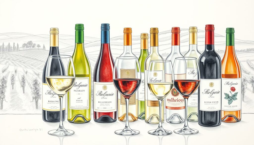A serene still life of an assortment of light, refreshing wines - from crisp white Rieslings to juicy red Pinot Noirs. The glasses are positioned in the foreground, their contents glimmering with hints of gold, ruby, and emerald hues. The middle ground showcases various wine bottles, their labels featuring elegant typography and abstract patterns, hinting at the diverse flavors within. In the background, a softly blurred landscape of vineyards and rolling hills, rendered in a muted, pencil-sketch-like style, creates a sense of place and origin. The overall composition conveys a mood of sophistication, approachability, and the joy of discovering new, versatile wine experiences. A serene still life of an assortment of light, refreshing wines - from crisp white Rieslings to juicy red Pinot Noirs. The glasses are positioned in the foreground, their contents glimmering with hints of gold, ruby, and emerald hues. The middle ground showcases various wine bottles, their labels featuring elegant typography and abstract patterns, hinting at the diverse flavors within. In the background, a softly blurred landscape of vineyards and rolling hills, rendered in a muted, pencil-sketch-like style, creates a sense of place and origin. The overall composition conveys a mood of sophistication, approachability, and the joy of discovering new, versatile wine experiences.