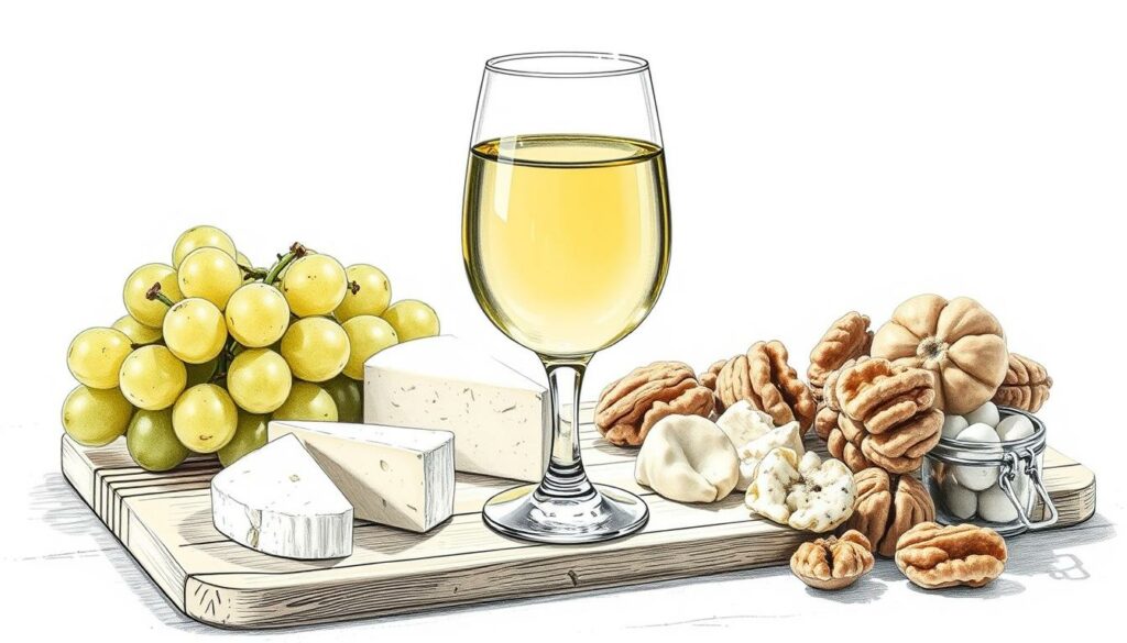 A serene still life scene showcasing a glass of Sauvignon Blanc, accompanied by an array of delectable food pairings. In the foreground, the translucent glass reflects the golden hue of the wine, casting a warm glow. Surrounding the glass, an assortment of appetizers, such as fresh goat cheese, crisp green grapes, and crunchy walnut halves, are artfully arranged. The middle ground features a wooden board or table, its natural texture providing a rustic backdrop. Soft, diffused lighting illuminates the scene, creating a cozy and inviting atmosphere. Pops of color, such as the vibrant green of the grapes or the rich amber of the cheese, add visual interest and depth to the monochromatic pencil sketch. The overall composition conveys the perfect pairing of Sauvignon Blanc with a selection of complementary flavors and textures. A serene still life scene showcasing a glass of Sauvignon Blanc, accompanied by an array of delectable food pairings. In the foreground, the translucent glass reflects the golden hue of the wine, casting a warm glow. Surrounding the glass, an assortment of appetizers, such as fresh goat cheese, crisp green grapes, and crunchy walnut halves, are artfully arranged. The middle ground features a wooden board or table, its natural texture providing a rustic backdrop. Soft, diffused lighting illuminates the scene, creating a cozy and inviting atmosphere. Pops of color, such as the vibrant green of the grapes or the rich amber of the cheese, add visual interest and depth to the monochromatic pencil sketch. The overall composition conveys the perfect pairing of Sauvignon Blanc with a selection of complementary flavors and textures.