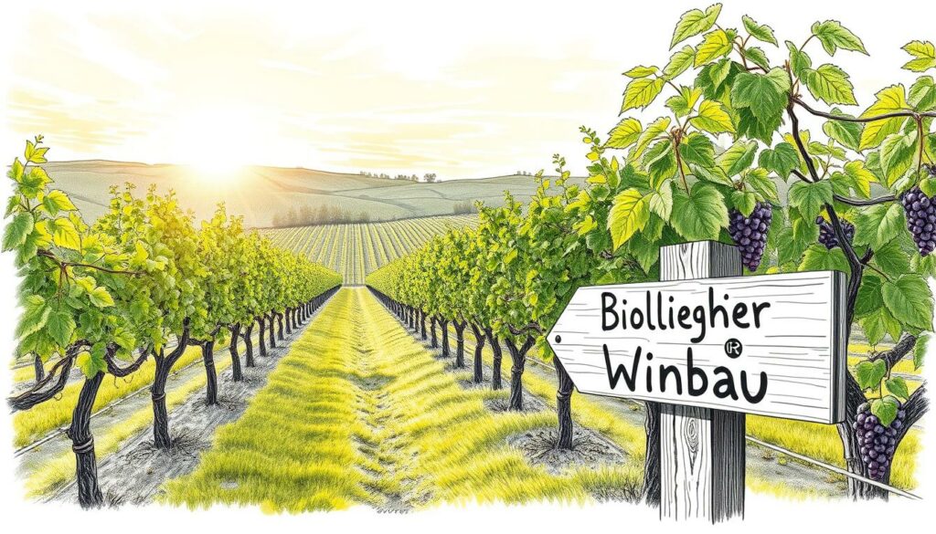 A serene vineyard in the golden hour, verdant vines stretching across the gently undulating landscape. Sunlight filters through wispy clouds, casting soft shadows and highlighting the textured bark of ancient grapevines. In the foreground, a weathered wooden signpost points the way, its lettering reading "Biologischer Weinbau" in stark black-and-white contrast. Pops of color emerge in the form of vibrant green leaves and the occasional splash of purple grapes, creating a harmonious balance within the pencil-sketch-inspired scene. An atmosphere of quiet contemplation and reverence for the natural world pervades the image, embodying the essence of sustainable winemaking.