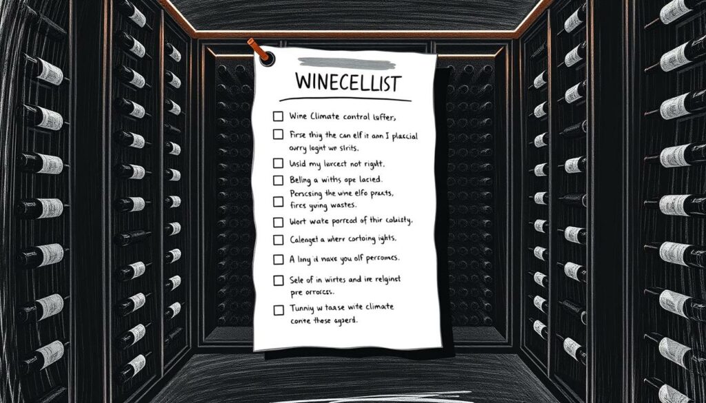 A sleek, minimalist checklist displayed on a stylized wine cellar or wine cooler backdrop. The checklist is rendered in a crisp, monochrome palette with subtle pops of color to draw the eye. The layout is clean and organized, with clear section headings and concise bullet points. The overall aesthetic is modern, refined, and visually striking, reflecting the high-end nature of wine storage and the importance of selecting the right wine climate control system. Moody lighting casts dramatic shadows, creating depth and atmosphere. The composition is balanced and visually compelling, guiding the viewer's attention to the key elements of the checklist. A sleek, minimalist checklist displayed on a stylized wine cellar or wine cooler backdrop. The checklist is rendered in a crisp, monochrome palette with subtle pops of color to draw the eye. The layout is clean and organized, with clear section headings and concise bullet points. The overall aesthetic is modern, refined, and visually striking, reflecting the high-end nature of wine storage and the importance of selecting the right wine climate control system. Moody lighting casts dramatic shadows, creating depth and atmosphere. The composition is balanced and visually compelling, guiding the viewer's attention to the key elements of the checklist.