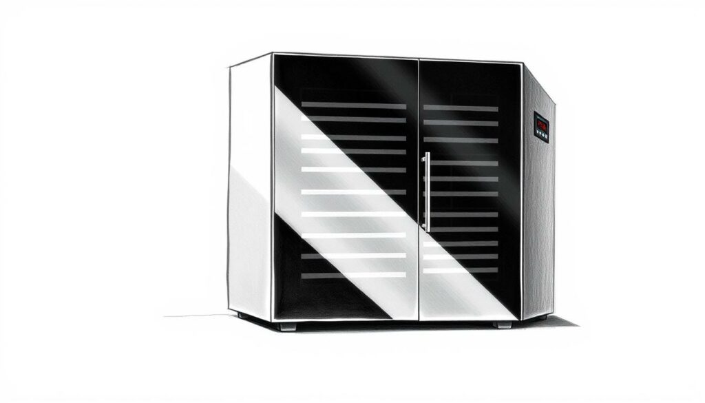 A sleek, minimalist wine climate control unit, its black and white form a study in elegant simplicity. The smooth, angular exterior exudes a sense of precision and functionality, with subtle pops of color highlighting key controls and features. Dramatic side lighting casts dramatic shadows, emphasizing the unit's clean lines and precise engineering. The overall impression is one of a high-quality, technologically advanced appliance designed to perfectly preserve and showcase a wine collection. A sleek, minimalist wine climate control unit, its black and white form a study in elegant simplicity. The smooth, angular exterior exudes a sense of precision and functionality, with subtle pops of color highlighting key controls and features. Dramatic side lighting casts dramatic shadows, emphasizing the unit's clean lines and precise engineering. The overall impression is one of a high-quality, technologically advanced appliance designed to perfectly preserve and showcase a wine collection.