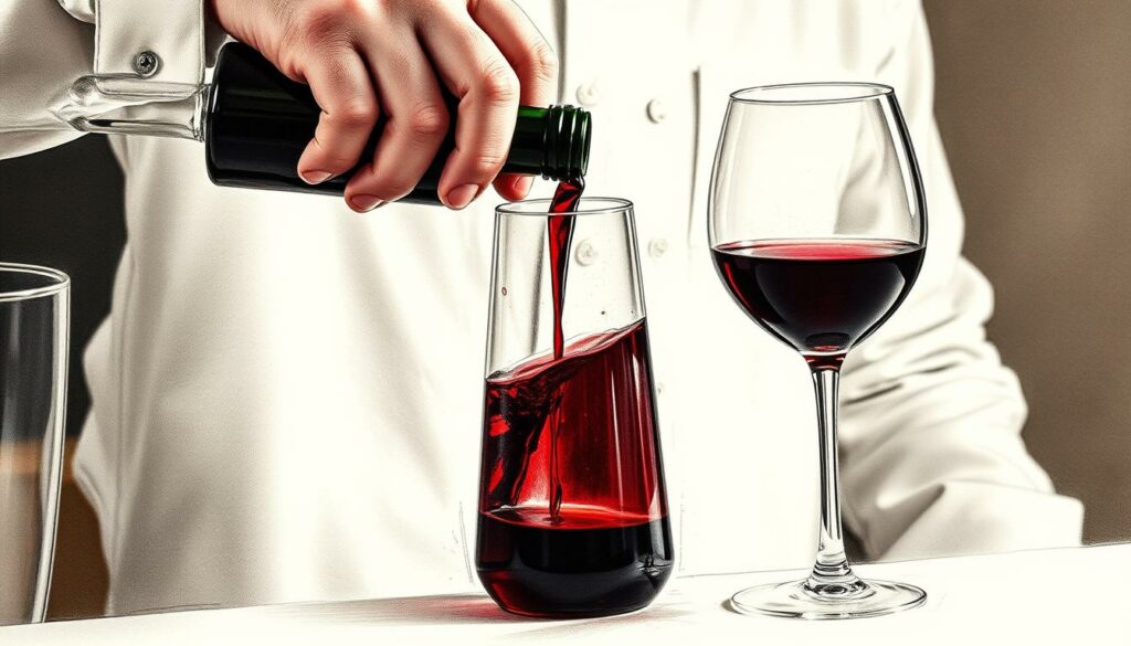A sommelier carefully decants a full-bodied red wine, allowing the liquid to gently pour down the sides of the carafe. The motion captures the wine's complex flavors and aromas, revealing its depth and nuance. Soft lighting casts warm highlights on the bottle and glass, creating a thoughtful, meditative atmosphere. The scene is rendered in a muted, tonal palette, with selective pops of color to draw the eye. The overall composition conveys the art and ritual of wine appreciation, highlighting the practical steps to mellow tannic astringency.