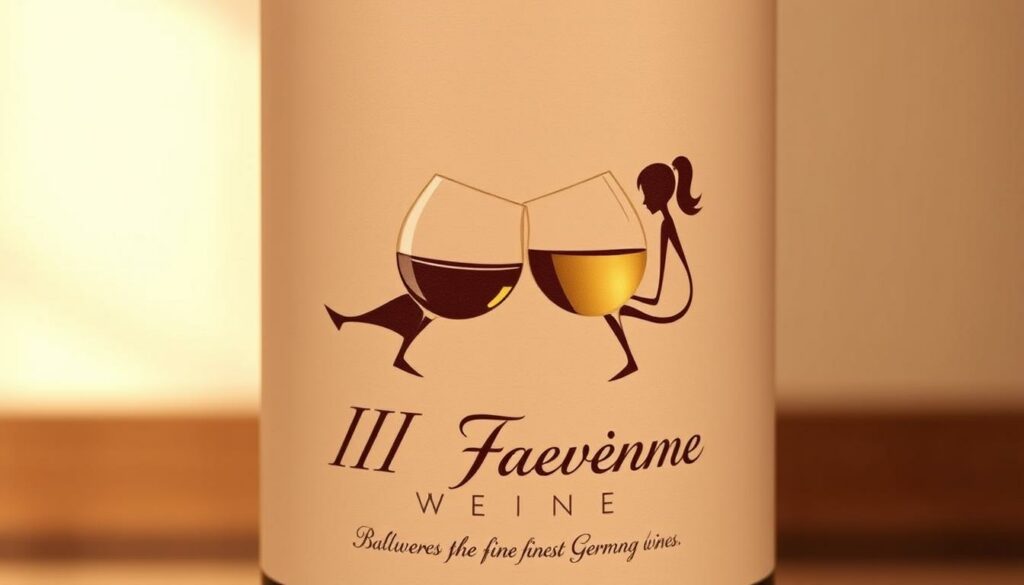 A sophisticated, artfully-composed label design for "III Freunde Weine", showcasing a harmonious trio of friends enjoying the finest German vintages. In the foreground, three stylized, minimalist character silhouettes clink glasses in a celebratory toast, their forms rendered in a soft, warm palette with delicate linework. The middle ground features a tasteful, cursive logotype for the "III Freunde Weine" brand, its lettering elegantly flowing across the composition. In the background, a subtle, textured pattern evokes the rich, earthy tones of the wine itself, creating a cohesive, premium aesthetic. Lit by gentle, diffused lighting that casts gentle shadows, the overall design conveys a sense of sophistication, conviviality and high-quality craftsmanship. A sophisticated, artfully-composed label design for "III Freunde Weine", showcasing a harmonious trio of friends enjoying the finest German vintages. In the foreground, three stylized, minimalist character silhouettes clink glasses in a celebratory toast, their forms rendered in a soft, warm palette with delicate linework. The middle ground features a tasteful, cursive logotype for the "III Freunde Weine" brand, its lettering elegantly flowing across the composition. In the background, a subtle, textured pattern evokes the rich, earthy tones of the wine itself, creating a cohesive, premium aesthetic. Lit by gentle, diffused lighting that casts gentle shadows, the overall design conveys a sense of sophistication, conviviality and high-quality craftsmanship.