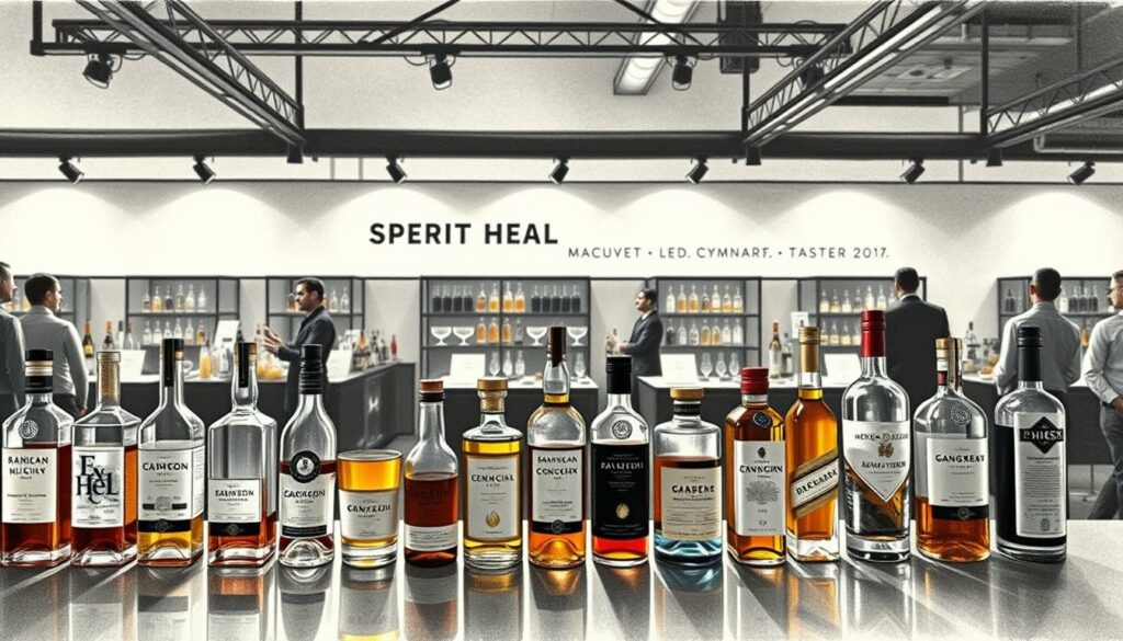 A sophisticated display of specialty spirits at a trade fair, featuring an array of elegantly designed bottles and glassware. The foreground showcases a lineup of premium liquors, from artisanal gins and craft whiskies to unique cordials and infused vodkas, each with subtle splashes of color. In the middle ground, tasting stations and informative displays highlight the latest trends and innovations in the spirits industry. The background depicts a minimalist, industrial-chic setting, with moody lighting casting shadows and creating a pensive, introspective atmosphere. The image conveys a sense of exclusivity, refinement, and the growing importance of premium spirits in the world of fine dining and sophisticated libations. A sophisticated display of specialty spirits at a trade fair, featuring an array of elegantly designed bottles and glassware. The foreground showcases a lineup of premium liquors, from artisanal gins and craft whiskies to unique cordials and infused vodkas, each with subtle splashes of color. In the middle ground, tasting stations and informative displays highlight the latest trends and innovations in the spirits industry. The background depicts a minimalist, industrial-chic setting, with moody lighting casting shadows and creating a pensive, introspective atmosphere. The image conveys a sense of exclusivity, refinement, and the growing importance of premium spirits in the world of fine dining and sophisticated libations.