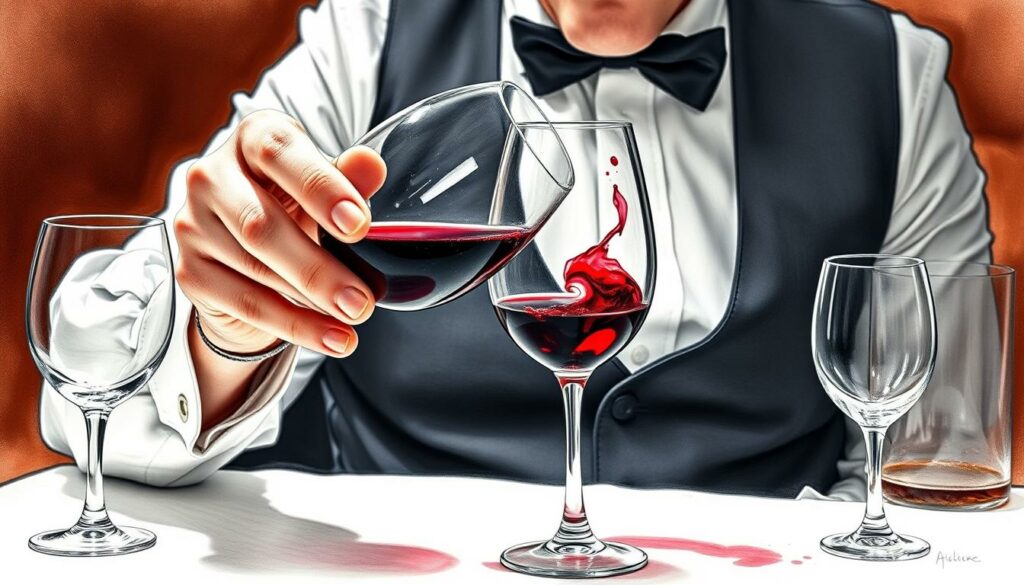 A sophisticated sommelier meticulously examines a glass of fine red wine, studying its color, clarity, and aroma with keen senses. Elegant glassware, a crisp white tablecloth, and a dimly lit, intimate setting create an atmosphere of refined tasting. Gentle highlights accentuate the graceful motions as the sommelier swirls the wine, noticing its viscosity and legs. Flashes of deep crimson and burgundy hues are punctuated by subtle splashes of color, hinting at the wine's complex flavors. The scene conveys the art and discipline of professional wine tasting, where every observation and technique is employed to fully appreciate the Weinprofi's craft.