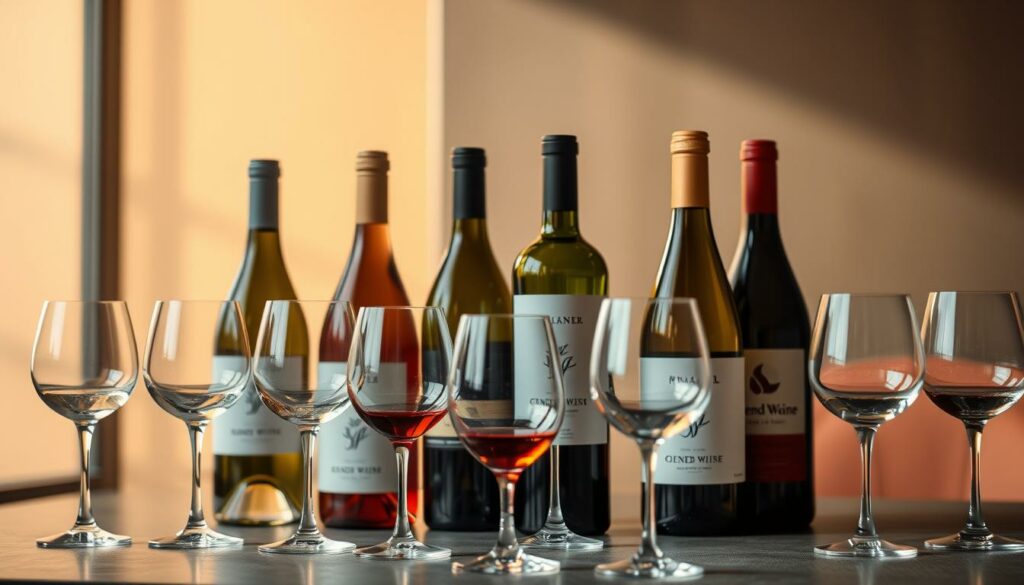 A sophisticated still life capturing the essence of "Freunde Weine Geschmack und Design". Set against a warm, modern backdrop, an elegant arrangement of wine bottles and glasses take center stage. Soft, diffused lighting illuminates the sleek, minimalist design of the bottles, their labels showcasing a refined, contemporary aesthetic. In the foreground, a delicate array of wine glasses and stemware, their crystal-clear forms catching the light and hinting at the rich, balanced flavors within. The overall scene exudes a sense of casual sophistication, inviting the viewer to savor the artful marriage of taste and visual appeal.