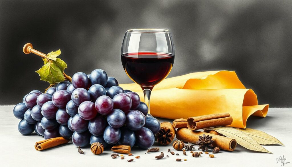 A sophisticated still life capturing the essence of tertiary aromas in wine. In the foreground, a delicate cluster of grapes in shades of purple and indigo, their waxy skins reflecting the soft lighting. Surrounding them, an array of spices and dried herbs - cinnamon sticks, cloves, and fragrant bay leaves - arranged with artistic precision. In the middle ground, a swirling glass of deep red wine, its surface rippling with hints of mahogany and garnet. The background fades into a moody, atmospheric charcoal landscape, punctuated by strategic pops of color - a mustard-yellow parchment, the burnished copper of a corkscrew. The overall composition evokes the complex, layered bouquet of a mature, well-aged vintage, with a sense of timeless elegance and refinement. A sophisticated still life capturing the essence of tertiary aromas in wine. In the foreground, a delicate cluster of grapes in shades of purple and indigo, their waxy skins reflecting the soft lighting. Surrounding them, an array of spices and dried herbs - cinnamon sticks, cloves, and fragrant bay leaves - arranged with artistic precision. In the middle ground, a swirling glass of deep red wine, its surface rippling with hints of mahogany and garnet. The background fades into a moody, atmospheric charcoal landscape, punctuated by strategic pops of color - a mustard-yellow parchment, the burnished copper of a corkscrew. The overall composition evokes the complex, layered bouquet of a mature, well-aged vintage, with a sense of timeless elegance and refinement.