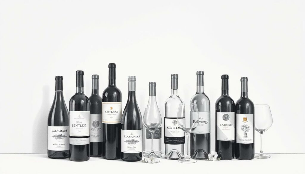 A sophisticated still life featuring an assortment of distinctive wine bottles against a muted, minimalist backdrop. The bottles exhibit a range of shapes, sizes, and labels, hinting at their unique and premium qualities. Soft lighting casts gentle shadows, accentuating the textures and curves of the glass. The overall mood is one of refined elegance, inviting the viewer to imagine the special occasions these wines might grace. Delicate pops of color, perhaps in the form of a single flower or subtle label design, add a touch of visual interest to the monochromatic composition. A sophisticated still life featuring an assortment of distinctive wine bottles against a muted, minimalist backdrop. The bottles exhibit a range of shapes, sizes, and labels, hinting at their unique and premium qualities. Soft lighting casts gentle shadows, accentuating the textures and curves of the glass. The overall mood is one of refined elegance, inviting the viewer to imagine the special occasions these wines might grace. Delicate pops of color, perhaps in the form of a single flower or subtle label design, add a touch of visual interest to the monochromatic composition.