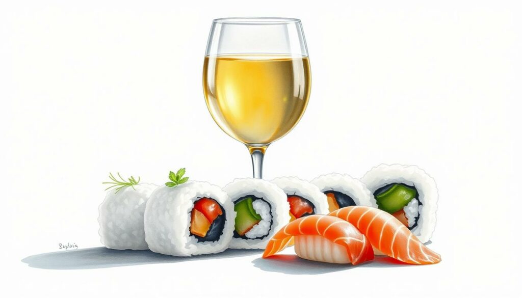 A sophisticated still life showcasing a pairing of crisp white wine and delicate sushi. The wine glass reflects the soft, diffused lighting, casting a warm glow on the smooth, opalescent surface of the sushi rolls. Subtle touches of color punctuate the scene - a vibrant green sprig of garnish, a delicate pink sashimi slice, and the deep amber hue of the wine. The composition is balanced and elegant, inviting the viewer to savor the harmonious flavors. The overall aesthetic is minimalist yet refined, highlighting the inherent beauty of the ingredients. A sophisticated still life showcasing a pairing of crisp white wine and delicate sushi. The wine glass reflects the soft, diffused lighting, casting a warm glow on the smooth, opalescent surface of the sushi rolls. Subtle touches of color punctuate the scene - a vibrant green sprig of garnish, a delicate pink sashimi slice, and the deep amber hue of the wine. The composition is balanced and elegant, inviting the viewer to savor the harmonious flavors. The overall aesthetic is minimalist yet refined, highlighting the inherent beauty of the ingredients.