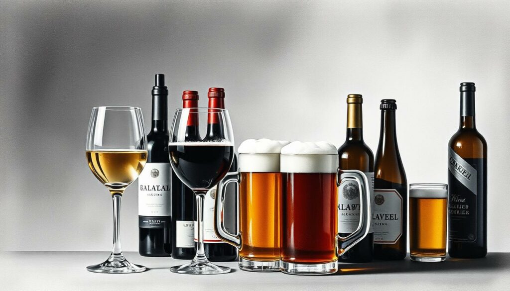 A sophisticated still life showcasing the calorie comparison between wine and beer. In the foreground, two stemmed wine glasses and two beer mugs are positioned precisely, their contents depicted with delicate shading. The middle ground features an elegant arrangement of wine bottles and beer bottles, their labels and colors creating a striking visual contrast. The background is rendered in a soft, atmospheric charcoal gray, allowing the subject to take center stage. The lighting is natural and evocative, casting subtle shadows and highlights that accentuate the textures and forms. This monochromatic composition with selective color accents conveys a sense of thoughtful contemplation, inviting the viewer to ponder the caloric differences between these two beloved beverages. A sophisticated still life showcasing the calorie comparison between wine and beer. In the foreground, two stemmed wine glasses and two beer mugs are positioned precisely, their contents depicted with delicate shading. The middle ground features an elegant arrangement of wine bottles and beer bottles, their labels and colors creating a striking visual contrast. The background is rendered in a soft, atmospheric charcoal gray, allowing the subject to take center stage. The lighting is natural and evocative, casting subtle shadows and highlights that accentuate the textures and forms. This monochromatic composition with selective color accents conveys a sense of thoughtful contemplation, inviting the viewer to ponder the caloric differences between these two beloved beverages.