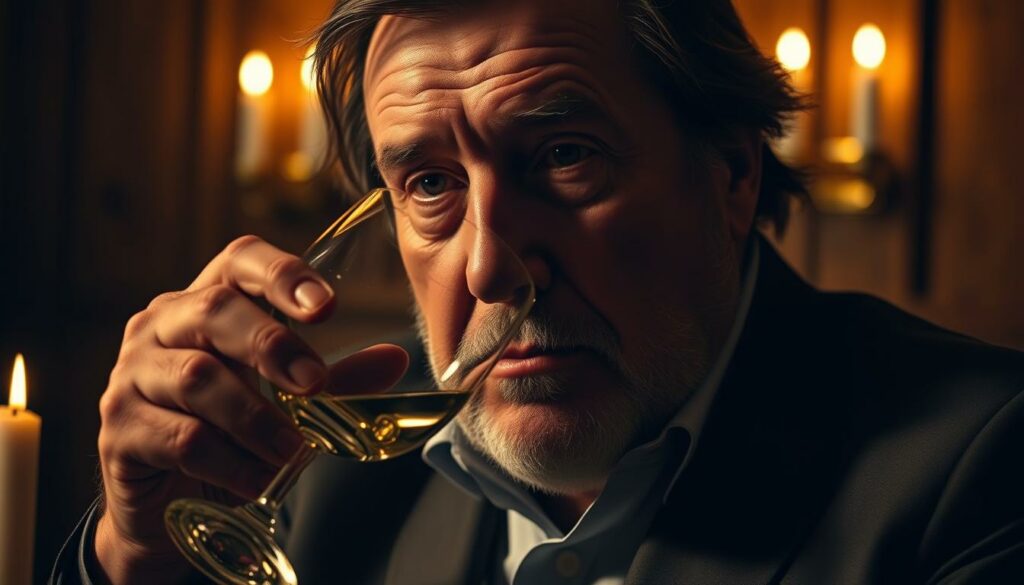 A sophisticated wine connoisseur's delight, a moody close-up portrait of Gerard Depardieu sipping from a fine crystal glass, his weathered face illuminated by warm candlelight. The image captures the essence of his eponymous wine collection - a lifetime of experience distilled into each sip, a perfect harmony of elegance and character. The background is a dimly lit, oak-paneled room, hinting at the storied history and craftsmanship behind these rare vintages. Tones of amber and gold evoke the rich, complex flavors, while subtle shadows add depth and intrigue, drawing the viewer into this exclusive, discerning world of Depardieu's wines. A sophisticated wine connoisseur's delight, a moody close-up portrait of Gerard Depardieu sipping from a fine crystal glass, his weathered face illuminated by warm candlelight. The image captures the essence of his eponymous wine collection - a lifetime of experience distilled into each sip, a perfect harmony of elegance and character. The background is a dimly lit, oak-paneled room, hinting at the storied history and craftsmanship behind these rare vintages. Tones of amber and gold evoke the rich, complex flavors, while subtle shadows add depth and intrigue, drawing the viewer into this exclusive, discerning world of Depardieu's wines.