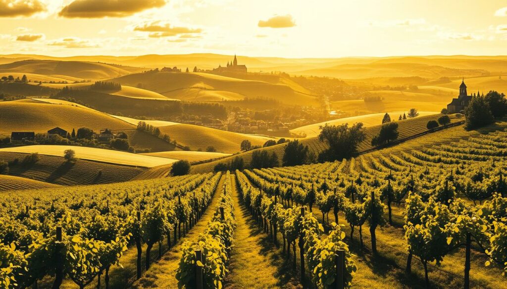 A sprawling landscape of rolling hills, lush vineyards, and quaint villages, illuminated by a warm, golden light. Rows of trellised vines stretch out across the undulating terrain, their leaves casting delicate shadows on the sun-kissed earth. In the distance, the silhouettes of ancient church steeples and historic buildings dot the horizon, hinting at the rich cultural heritage of the region. The scene is rendered in a crisp, photographic style, with a focus on capturing the intricate textures and details of the environment. Accents of vibrant color, such as the verdant foliage and the deep, inky hues of the sky, provide striking visual contrast against the predominant black and white tones. This image aims to evoke a sense of tranquility, tradition, and the unique terroir that defines the Sauvignon Blanc Anbaugebiete. A sprawling landscape of rolling hills, lush vineyards, and quaint villages, illuminated by a warm, golden light. Rows of trellised vines stretch out across the undulating terrain, their leaves casting delicate shadows on the sun-kissed earth. In the distance, the silhouettes of ancient church steeples and historic buildings dot the horizon, hinting at the rich cultural heritage of the region. The scene is rendered in a crisp, photographic style, with a focus on capturing the intricate textures and details of the environment. Accents of vibrant color, such as the verdant foliage and the deep, inky hues of the sky, provide striking visual contrast against the predominant black and white tones. This image aims to evoke a sense of tranquility, tradition, and the unique terroir that defines the Sauvignon Blanc Anbaugebiete.