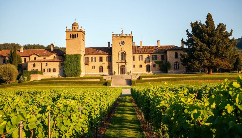 A stately, historic winery nestled in the rolling Tuscan hills, Tenuta Il Palagio stands tall and proud. Its grand, stone facade is adorned with lush vines climbing the walls, giving it an air of timeless elegance. The expansive property is framed by a lush, verdant landscape, with rows of carefully tended grapevines stretching out in the foreground. Warm, golden sunlight bathes the scene, casting a soft glow and creating long, dramatic shadows. The winery's tall, bell-topped towers and elegant arched windows reflect its centuries-old heritage, inviting visitors to step back in time and experience the rich tradition of winemaking in this picturesque corner of Italy. A stately, historic winery nestled in the rolling Tuscan hills, Tenuta Il Palagio stands tall and proud. Its grand, stone facade is adorned with lush vines climbing the walls, giving it an air of timeless elegance. The expansive property is framed by a lush, verdant landscape, with rows of carefully tended grapevines stretching out in the foreground. Warm, golden sunlight bathes the scene, casting a soft glow and creating long, dramatic shadows. The winery's tall, bell-topped towers and elegant arched windows reflect its centuries-old heritage, inviting visitors to step back in time and experience the rich tradition of winemaking in this picturesque corner of Italy.