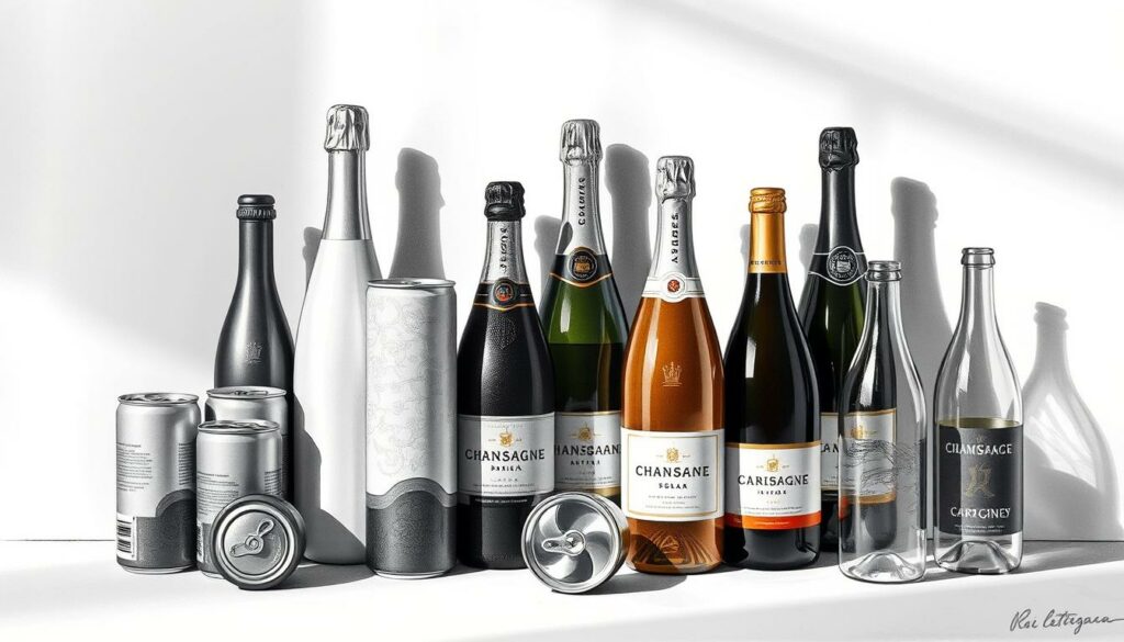 A still life arrangement showcasing various packaging options for sparkling wine, including traditional champagne bottles, cans, and resealable plastic bottles. The composition features a variety of shapes, sizes, and materials, with muted tones of grey, black, and white punctuated by pops of color in the form of metallic accents or label designs. The lighting is soft and diffused, casting subtle shadows that add depth and dimension to the scene. The overall mood is one of refined simplicity, inviting the viewer to closely examine the nuances of each packaging type and consider their practical and aesthetic merits. A still life arrangement showcasing various packaging options for sparkling wine, including traditional champagne bottles, cans, and resealable plastic bottles. The composition features a variety of shapes, sizes, and materials, with muted tones of grey, black, and white punctuated by pops of color in the form of metallic accents or label designs. The lighting is soft and diffused, casting subtle shadows that add depth and dimension to the scene. The overall mood is one of refined simplicity, inviting the viewer to closely examine the nuances of each packaging type and consider their practical and aesthetic merits.