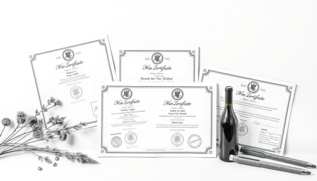 A still life composition showcasing a selection of "Wein Zertifikate" or wine certificates. The certificates are meticulously rendered in a black and white pencil sketch style, with subtle pops of color highlighting key details. The certificates are arranged on a minimalist background, allowing the viewer to focus on the intricate textures and patterns of the official documents. The overall mood is one of simplicity and authenticity, reflecting the "Naturwein ohne Mythen" theme of the article. Careful use of light and shadow creates depth and dimension, emphasizing the importance and gravitas of the certificates. This image serves as a visual representation of the "Naturwein kaufen: Worauf du achten solltest" section, providing a clean and sophisticated illustration to complement the article's content. A still life composition showcasing a selection of "Wein Zertifikate" or wine certificates. The certificates are meticulously rendered in a black and white pencil sketch style, with subtle pops of color highlighting key details. The certificates are arranged on a minimalist background, allowing the viewer to focus on the intricate textures and patterns of the official documents. The overall mood is one of simplicity and authenticity, reflecting the "Naturwein ohne Mythen" theme of the article. Careful use of light and shadow creates depth and dimension, emphasizing the importance and gravitas of the certificates. This image serves as a visual representation of the "Naturwein kaufen: Worauf du achten solltest" section, providing a clean and sophisticated illustration to complement the article's content.