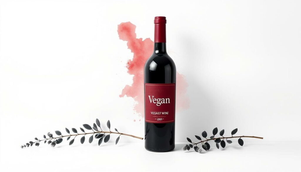 A still life of an elegant wine bottle set against a minimalist white backdrop, with a vibrant splash of deep burgundy red highlighting the label. The bottle's sleek silhouette is captured in crisp, high-contrast monochrome, drawing the eye to its refined form. Carefully placed, muted shades of gray and charcoal evoke the sophistication of the vegan wine, while strategically placed pops of color - perhaps a green leaf or a delicate floral accent - add a natural, organic touch, hinting at the wine's sustainable, eco-friendly origins. The lighting is soft and diffused, casting subtle shadows that lend depth and dimension to the composition. The overall mood is one of understated elegance and environmental consciousness, perfectly suited to illustrate the concept of "Veganer Wein".