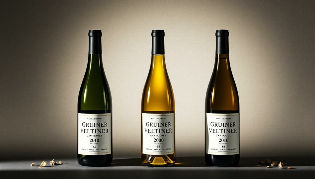 A still life scene showcasing a vertical comparison of three Grüner Veltliner vintages, each bottle cast in dramatic chiaroscuro lighting against a muted, textured background. The bottles are presented in a clean, minimalist arrangement, allowing the subtle color variations and evolving characteristics of each vintage to take center stage. Delicate flecks of color, perhaps dried herbs or mineral accents, provide nuanced visual interest, hinting at the wine's complex flavors and maturation. The overall mood is one of refined elegance and thoughtful contemplation, inviting the viewer to consider the distinct personality and aging potential of this iconic Austrian varietal. A still life scene showcasing a vertical comparison of three Grüner Veltliner vintages, each bottle cast in dramatic chiaroscuro lighting against a muted, textured background. The bottles are presented in a clean, minimalist arrangement, allowing the subtle color variations and evolving characteristics of each vintage to take center stage. Delicate flecks of color, perhaps dried herbs or mineral accents, provide nuanced visual interest, hinting at the wine's complex flavors and maturation. The overall mood is one of refined elegance and thoughtful contemplation, inviting the viewer to consider the distinct personality and aging potential of this iconic Austrian varietal.
