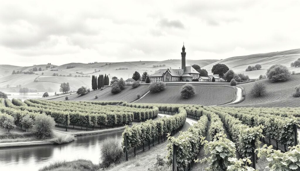 A stunning, monochromatic landscape featuring the iconic Weingut Mosel, nestled among the rolling hills of the Mosel region. The historic winery stands tall, its timeless architecture casting a captivating silhouette against the moody, overcast sky. Lush vineyards stretch out in the foreground, their verdant foliage dotted with vibrant splashes of color - the signature riesling grapes, bursting with potential. A winding river meanders through the scene, its reflective surface mirroring the ethereal atmosphere. The overall composition conveys the timeless elegance and enduring legacy of this legendary winemaking estate, a true embodiment of the Mosel's unparalleled terroir.