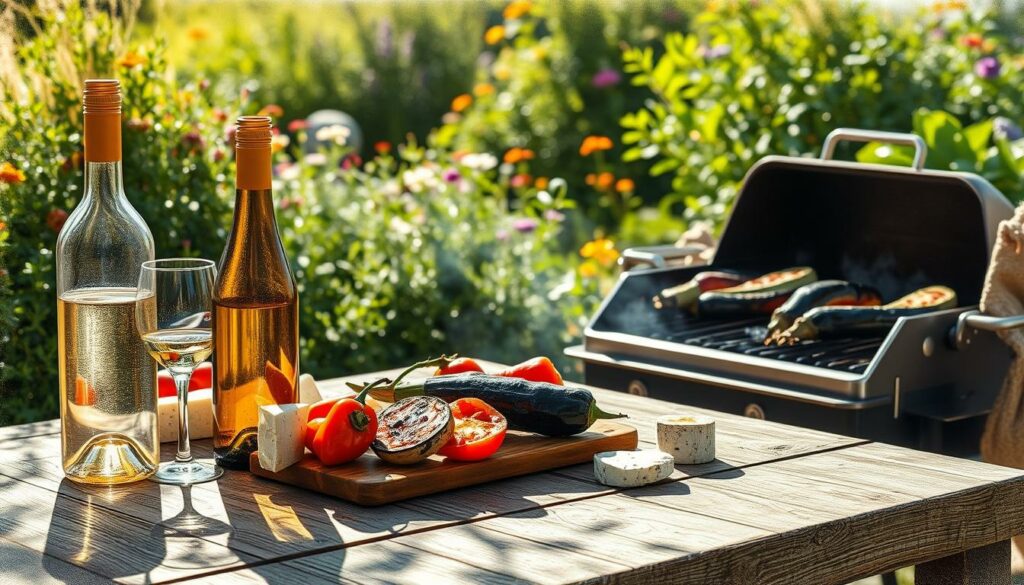 A sun-dappled outdoor scene of a casual vegetarian grill, with artfully arranged grilled vegetables, fresh cheeses, and vibrant fruits. In the foreground, a bottle of crisp white wine and a few wine glasses sit atop a rustic wooden table, casting long shadows. The middle ground features the grill itself, with charred peppers, zucchini, and eggplant sizzling over the coals. In the background, a lush, verdant garden provides a natural backdrop, with hints of colorful flowers and herbs. The lighting is soft and warm, creating a relaxed, summery atmosphere. The overall aesthetic is a harmonious blend of earthy tones, punctuated by pops of vibrant color in the produce. A sun-dappled outdoor scene of a casual vegetarian grill, with artfully arranged grilled vegetables, fresh cheeses, and vibrant fruits. In the foreground, a bottle of crisp white wine and a few wine glasses sit atop a rustic wooden table, casting long shadows. The middle ground features the grill itself, with charred peppers, zucchini, and eggplant sizzling over the coals. In the background, a lush, verdant garden provides a natural backdrop, with hints of colorful flowers and herbs. The lighting is soft and warm, creating a relaxed, summery atmosphere. The overall aesthetic is a harmonious blend of earthy tones, punctuated by pops of vibrant color in the produce.