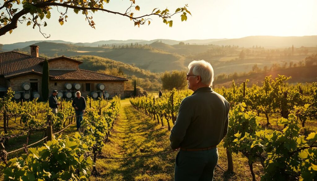 A sun-dappled vineyard in the Tuscan countryside, with Sting surveying his Weingut's daily operations. In the foreground, workers carefully tend to the vines, pruning and harvesting the grapes with practiced precision. The middle ground reveals a rustic winery, its stone walls adorned with trailing vines and old oak barrels. In the distance, rolling hills dotted with olive trees create a serene, bucolic backdrop. The lighting is warm and golden, casting a soft glow over the scene, evoking a sense of tranquility and the rhythm of traditional winemaking. A vintage DSLR camera captures the essence of Sting's hands-on role as a dedicated, artisanal vintner. A sun-dappled vineyard in the Tuscan countryside, with Sting surveying his Weingut's daily operations. In the foreground, workers carefully tend to the vines, pruning and harvesting the grapes with practiced precision. The middle ground reveals a rustic winery, its stone walls adorned with trailing vines and old oak barrels. In the distance, rolling hills dotted with olive trees create a serene, bucolic backdrop. The lighting is warm and golden, casting a soft glow over the scene, evoking a sense of tranquility and the rhythm of traditional winemaking. A vintage DSLR camera captures the essence of Sting's hands-on role as a dedicated, artisanal vintner.