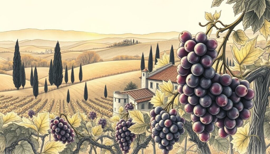 A tranquil Tuscan landscape with rolling hills, vineyards, and cypress trees, bathed in warm golden light. In the foreground, clusters of ripe grapes in shades of purple and crimson, their stems and leaves delicately rendered in detailed black and white. The middle ground features the distinctive architectural elements of a traditional Tuscan winery, its stone walls and terra-cotta roof tiles subtly accented with muted colors. In the distance, the silhouettes of nearby towns and hills, captured in a soft, atmospheric haze. The overall composition conveys the essence of Tuscany's renowned winemaking regions and their celebrated varietals. A tranquil Tuscan landscape with rolling hills, vineyards, and cypress trees, bathed in warm golden light. In the foreground, clusters of ripe grapes in shades of purple and crimson, their stems and leaves delicately rendered in detailed black and white. The middle ground features the distinctive architectural elements of a traditional Tuscan winery, its stone walls and terra-cotta roof tiles subtly accented with muted colors. In the distance, the silhouettes of nearby towns and hills, captured in a soft, atmospheric haze. The overall composition conveys the essence of Tuscany's renowned winemaking regions and their celebrated varietals.